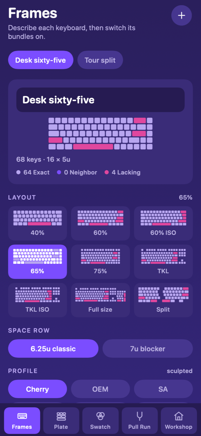 Frames screen listing saved keyboards