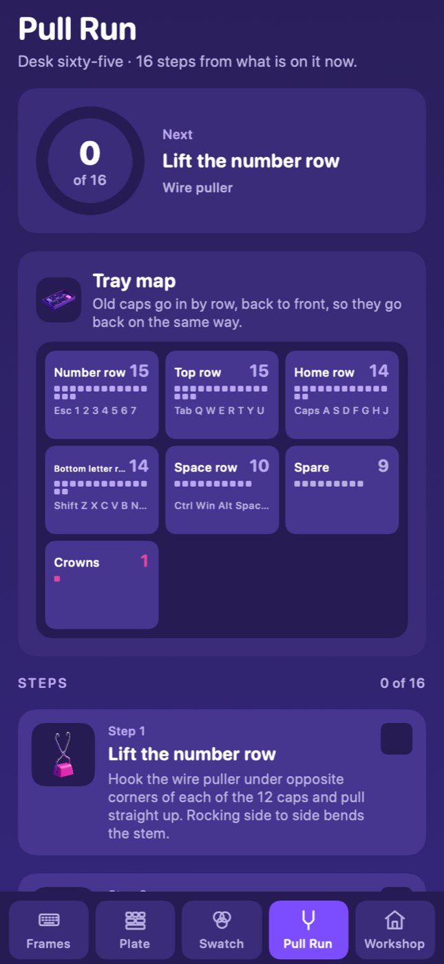 Pull Run screen with a tray map and steps